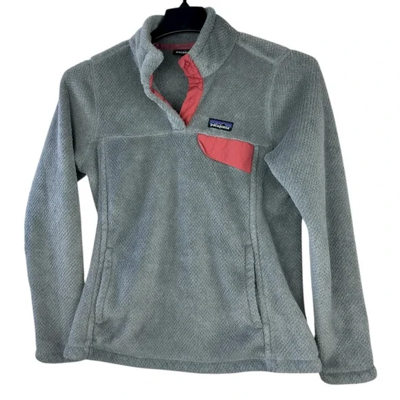 Patagonia Re-Tool Fleece 1/4 Snap-T Pullover Gray Aurea Pink Trim Women's Medium - Picture 12 of 12